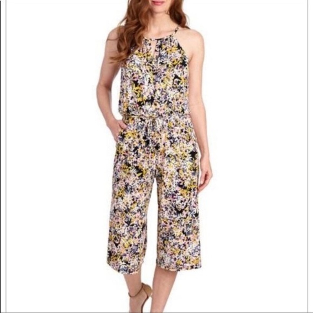 London Times 4 S/M Pink Yellow Floral Wide Leg Jumpsuit Romper Halter Tie Waist